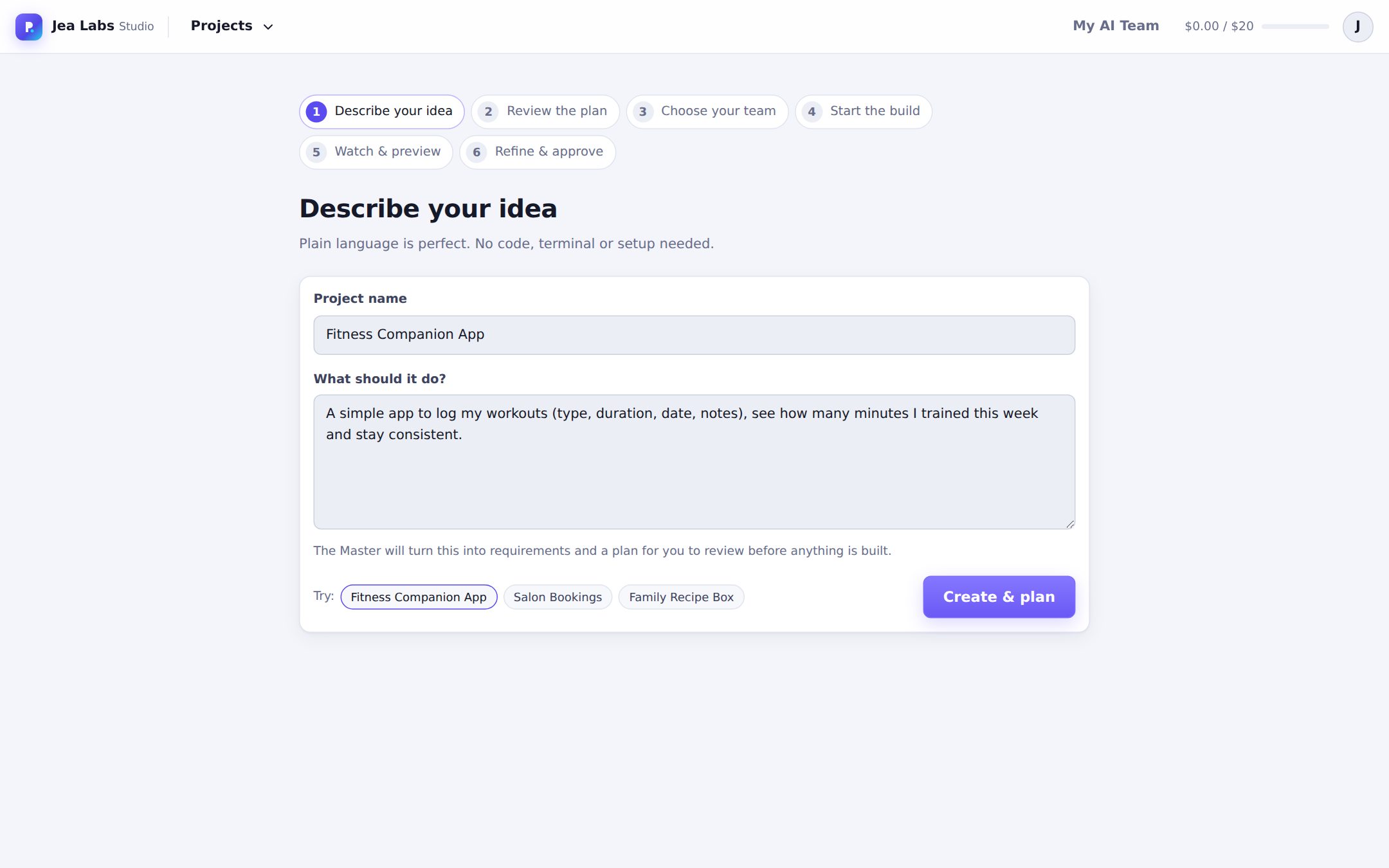 The new project form with a project name and a plain-language description of a workout logging app.