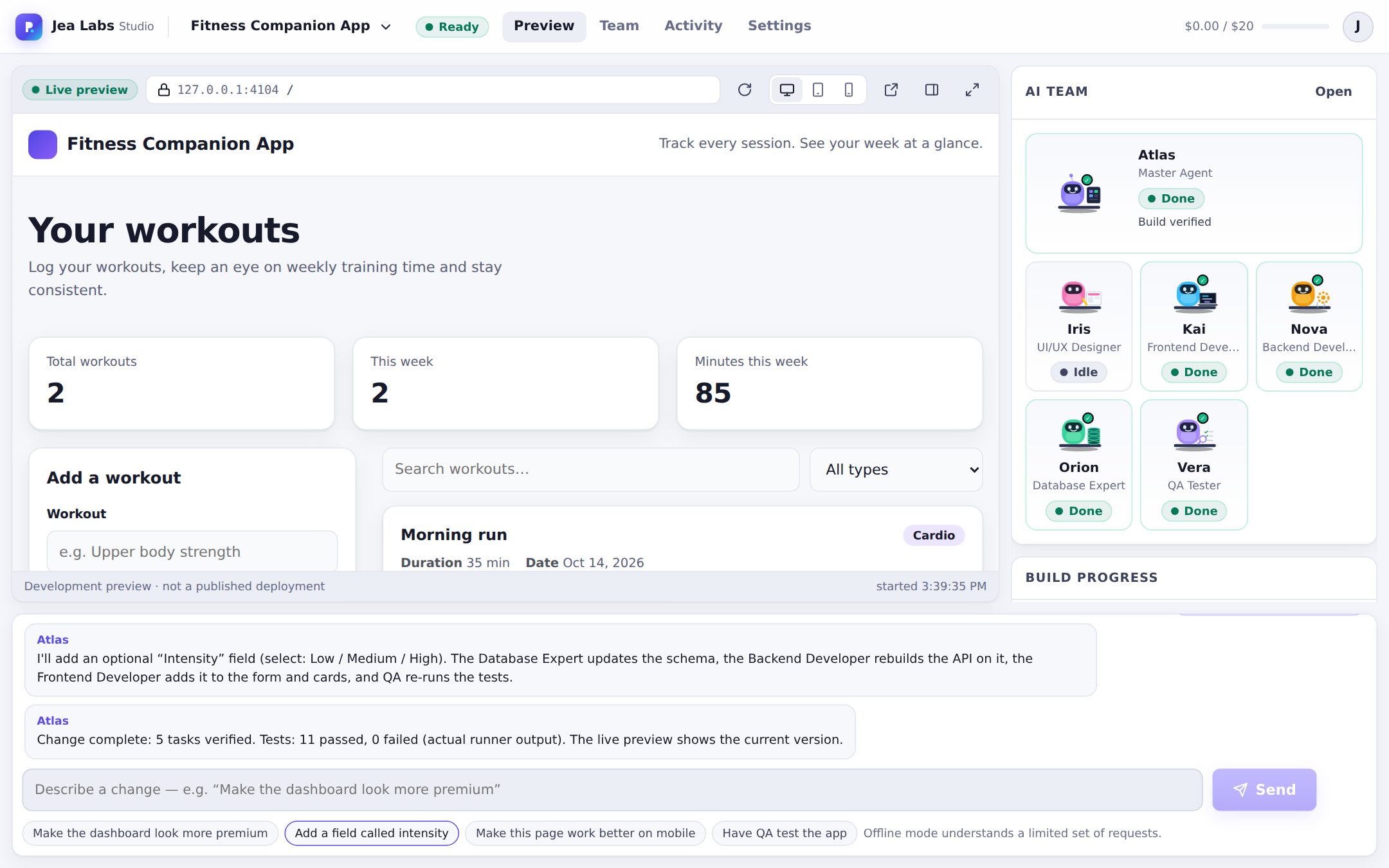The live preview with two workouts saved and the weekly stats updated.