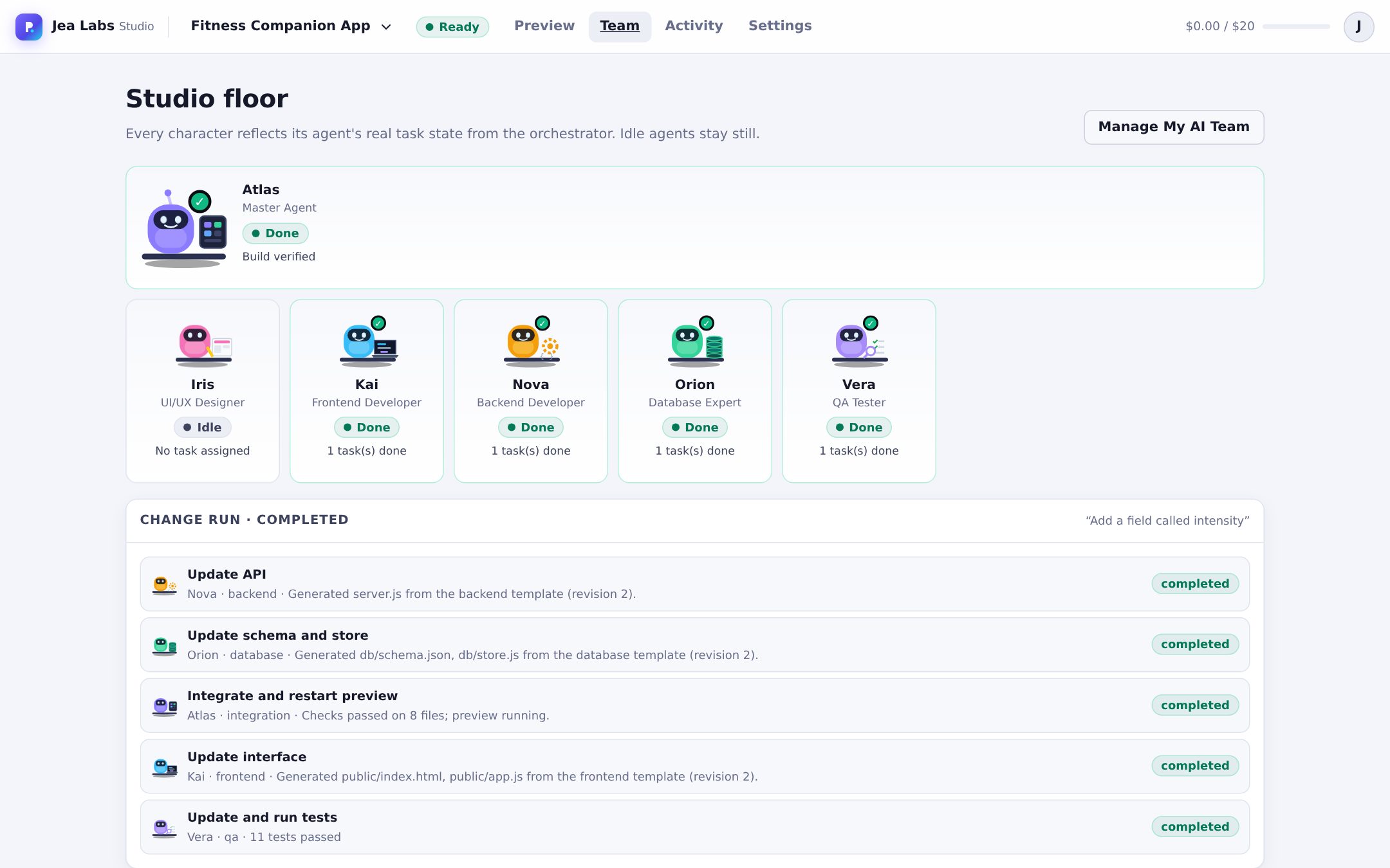 The Team tab after the change: the database, backend and frontend agents and QA completed their tasks while the designer stayed idle.