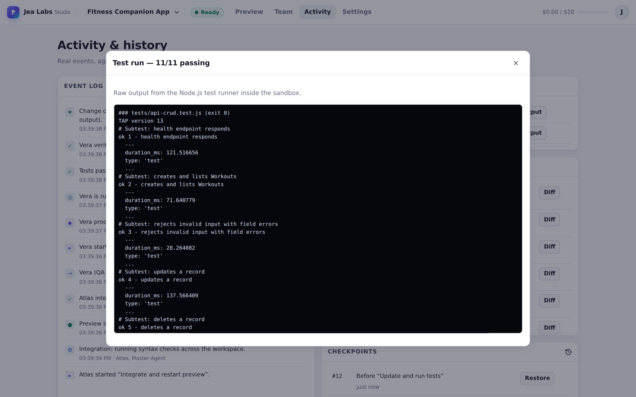 Raw test runner output showing passing tests.