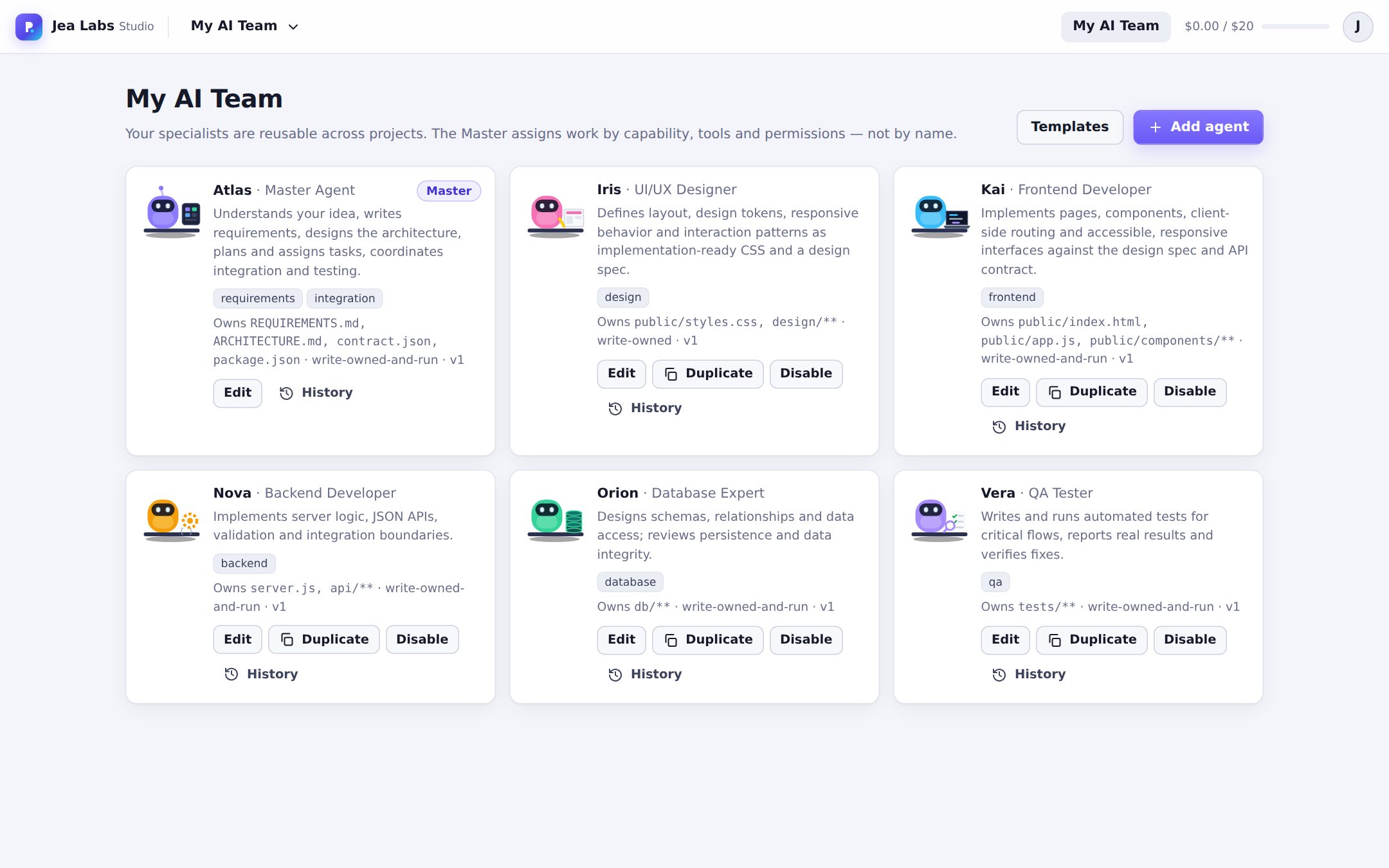 My AI Team page listing the Master Agent and specialist agents with their task types and owned files.